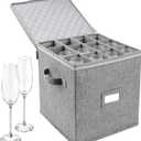 LotFancy Champagne Flute Storage Container, Hard Shell, Stackable, 12" Tall Wine Glass Storage Box with Dividers & Handles, Stemware, Crystal Glassware, Drinkware Case for Moving, Grey