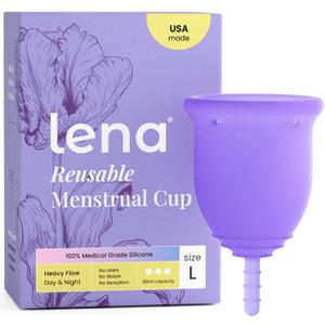 Lena Menstrual Cup Original - Soft Reusable Medical-Grade Silicone Period Cups for Women Heavy Flow, Comfortable 12-Hour Leak-Free Protection, Beginner-Friendly Feminine Care - Large, Purple
