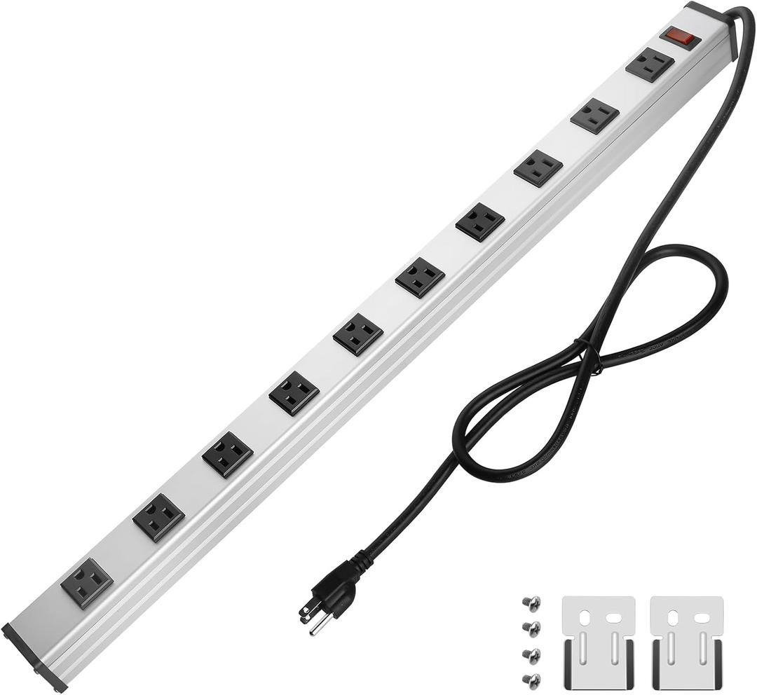 10 Outlet Plugs Heavy Duty Metal Power Strip, Aluminum Workshop Socket with 4FT Long Cord and Power Switch. 15A, 125V, 1875W (Silver)
