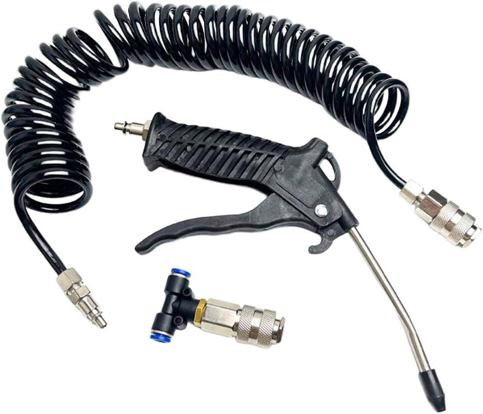 Air Blow Gun Kit, Heavy Duty Seat Blow Spray Tool with 16FT Long Coil Air Hose & T Adapter, Pneumatic Duster Gun Cleaning Nozzle Kit for Cars, Trucks, Semi Trailers