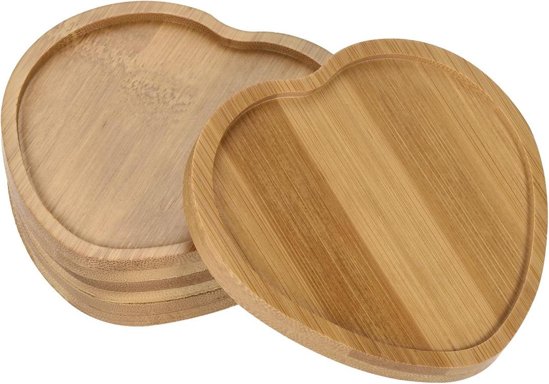 PATIKIL Plant Pot Saucer, 4 Pack Bamboo Heart-Shaped Flower Drip Tray for Indoors