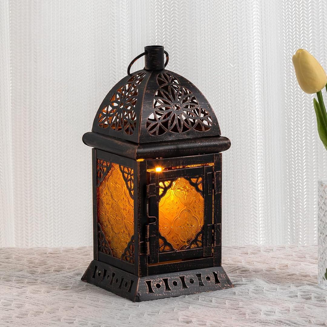 Candle Lanterns Decorative Indoor & Outdoor, 12'' Vintage Moroccan Hanging&Tabletop Lantern, Christmas Halloween Metal Candle Holder for Home Front Porch Patio Decor (Amber)