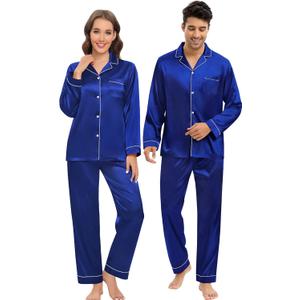 DIKFA Silk Satin Pajamas Set for Couple Matching PJS Women Men 2 Piece Button Down Loungewear Sleepwear Long Sleeve Pjs Set, Women XXL