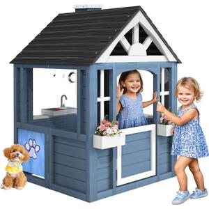 Kids Outdoor Playhouse, Cedar Wooden Kids Playhouse with Play Kitchen, Pet Door, Sink, Stove, Cookware, Windows, Flowerpot Holders, Ringing doorbell, Cottage Play House for Backyard Blue