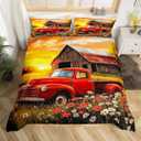 Manfei Red Truck Bedding Set Rustic Farmhouse Style Bedding Duvet Cover Kids Teens Watercolor Oil Painting Comforter Cover Set Orange Red Bedspread Cover Bedroom Quilt Cover 3Pcs Full,No Comforter