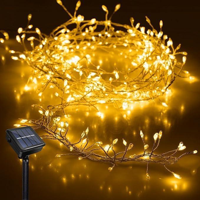 Solar Firecracker Lights, 6.56Ft 100 LED Waterproof Cluster Lights 8 Mode Copper Wire Cluster Fire Crackers Garland Fairy Lights Garden Wedding Christmas Party Decorations (Warm White)