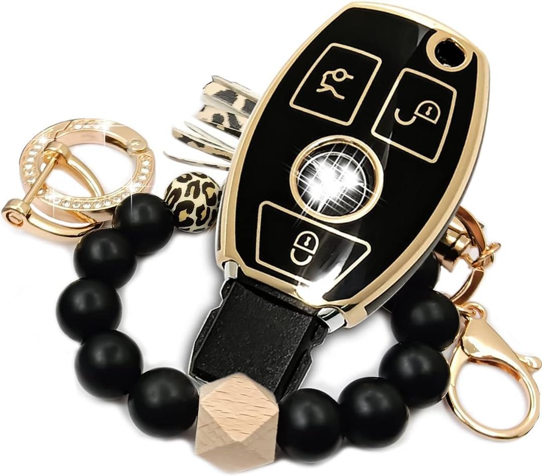 for Mercedes Benz Key Fob Cover, Fit for C E S M CLS CLK G Class Keyless Smart Car Accessories with Bracelet Key Holder