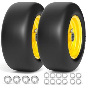 11x4.00-5 Lawn Mower Tires Flat Free, Zero Turn Mower Front Tires, 11x4-5 Solid Mower Wheel for Residential and Commercial, 3/4" and 5/8" Bearing, 3.4"-5" Center Hub, 2Pack Yellow, 350Lbs