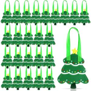 Yoojahow 24 Pcs Christmas Tree Gift Bags Small Non Woven Reusable Xmas Tree Shaped Treat Bags with Handles for Christmas Goodie Candy Snack Gift Xmas Party Supplies Class Favors Decor