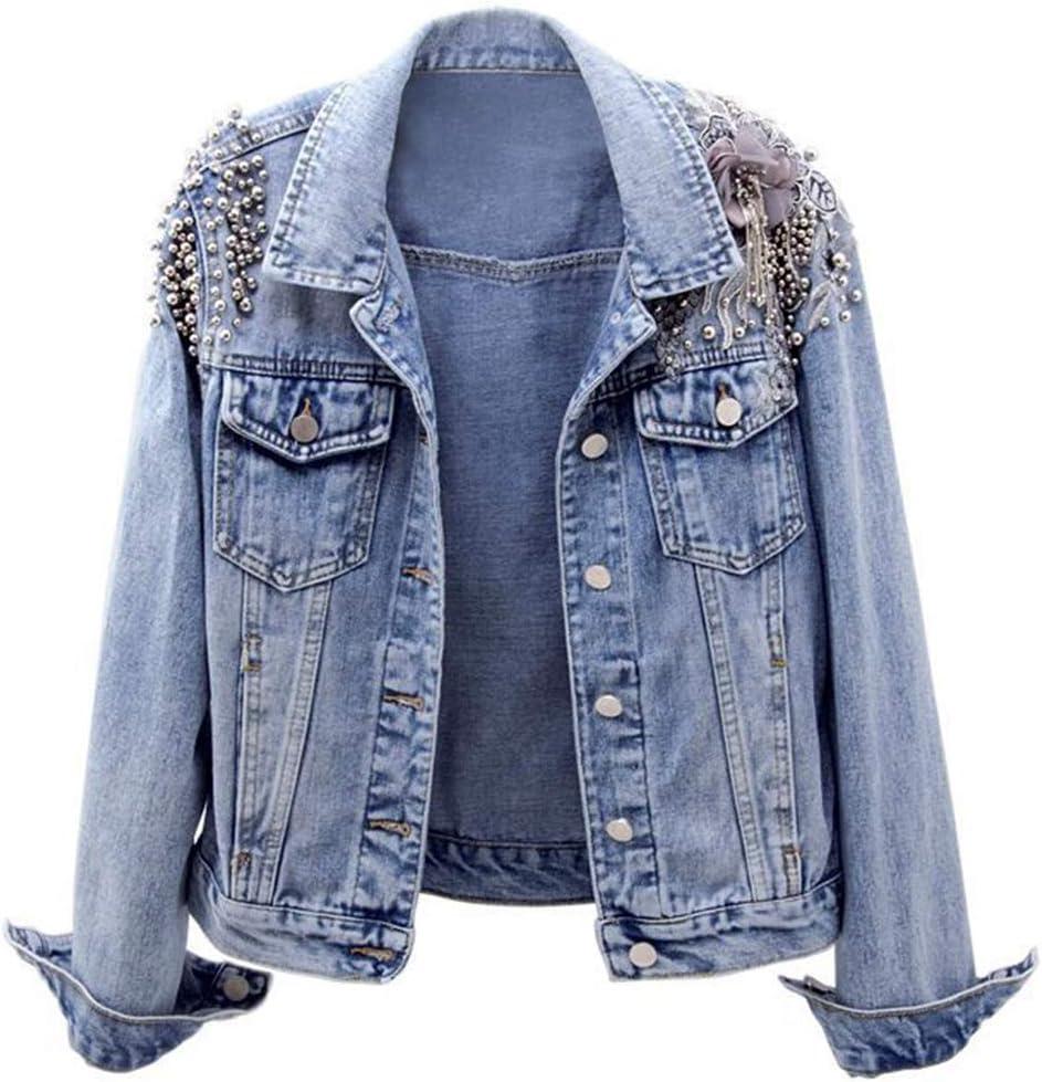 Kedera Women's Denim Jacket Long Sleeve Western Rivet Studded Washed Pearl Short Jean Coat (Medium, Blue)