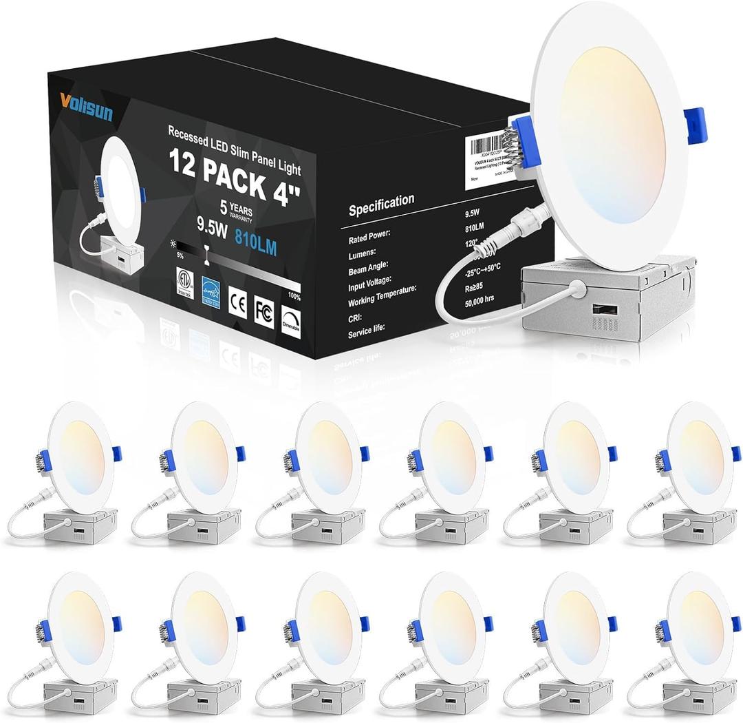 VOLISUN 12 Pack 4 inch Recessed Lighting, 5CCT LED Recessed Light with Junction Box, 2700K-5000K Selectable, 9.5W Eqv 80W, 810LM Dimmable Can less Wafer Downlight, LED Ceiling Light ETL Certificated (White)