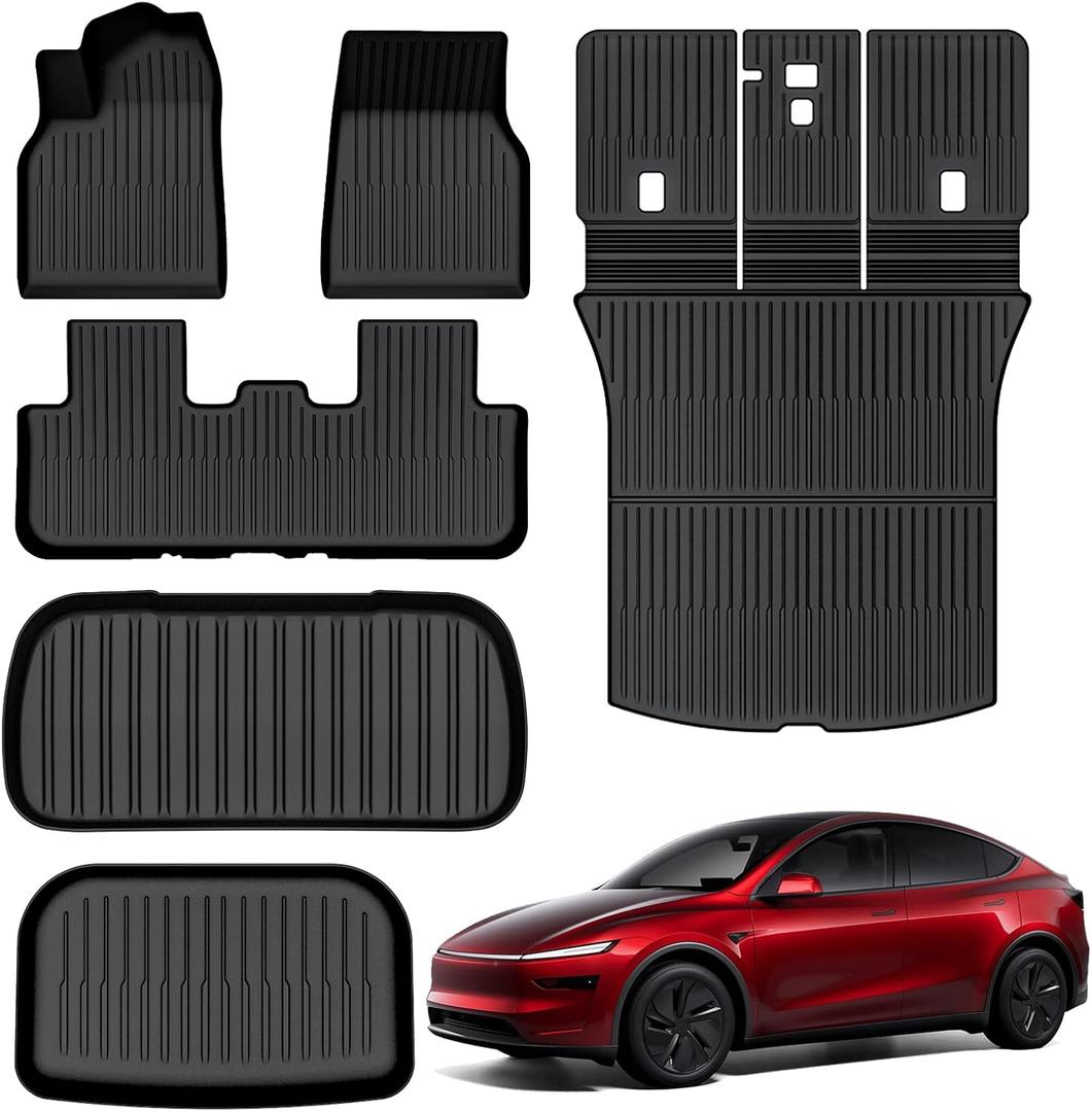 AUXKO All Weather Floor Mats for 2025 Tesla New Model Y Cargo Mat with Backrest Mat & Front Trunk Liner & Rear Cargo Mat Car Full Set TPE Liners Accessories All Season Guard Odorless Anti-Slip Mats