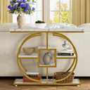 GiftGo Narrow Console Table for Entryway Industrial 4-Tier Sofa Table Behind Couch with Circle Base Rustic Wooden Accent Tables with Storage Shelves for Living Room, Hallway, Foyer (Gold and White), 41.3" x 11.8" x 31.5"