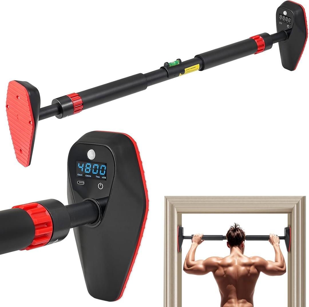 Pull Up Bar for Doorway, Door Frame Chin Up Bar without Screw Exercise Bars for Home Workouts Strength Training Adjustable Pull-up Bars with Smart Count/Timer/Calorie Tracker Home Gym Equipment Indoor