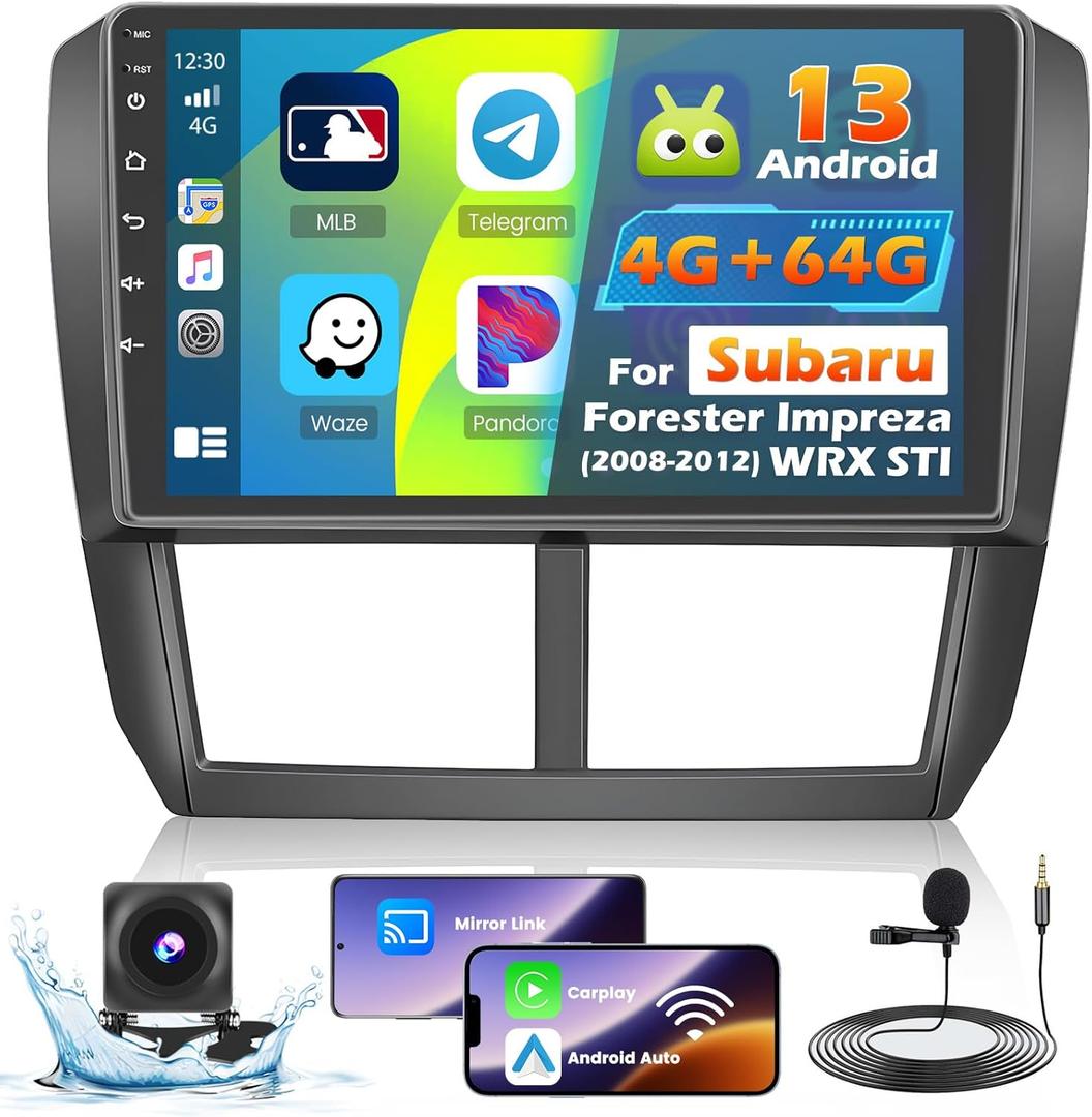 Roinvou 4+64G Android Carplay Stereo for Subaru Forester Impreza WRX STI 2008-2012, 9" Touch Screen Carplay Android Auto with 32EQ Bluetooth WiFi GPS Navigation Mirror Link 1280 * 720 Resolution