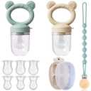 4 Pack Stylish Anti-Drop Baby Fruit Feeder & Breastmilk Popsicle Molds for Teething with Lids, The Perfect Food Feeder, Teether Pacifier, Easy-to-Clean Silicone Feeder Teethers, Extra Silicone Clips (soft green; light brown)