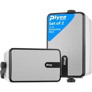 Plyee Audio 250W Outdoor Bluetooth Speakers, Wireless Sync Between Speakers, Powerful Bass, Wall Mount for Patio, Porch, Gazebo, Garage, 2-Pack, White(MZ-632)