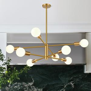 30" Modern Chandelier Ceiling Light Fixture, 8-Light Sputnik Chandeliers Brushed Gold Mid Century Chandelier Over Table, Height Adjustable Chandeliers for Dining Room Kitchen (Bulbs Not Included)