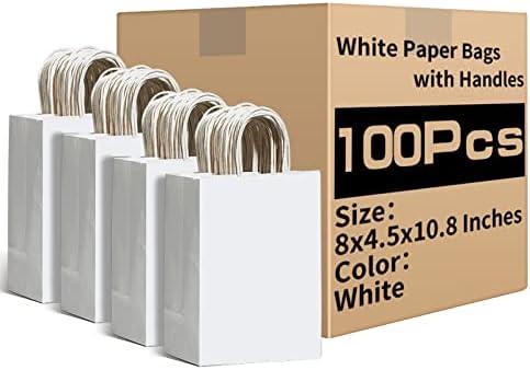 RACETOP White Paper Bags with Handles Bulk 8"x4.5"x10.8" 100Pcs Gift Bags Medium Size, White Gift Bags with Handles, Gift Bag Bulk for Retail, Party, Shopping, Merchandise