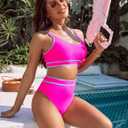 BMJL Women's High Waisted Bikini Sets Sporty Two Piece Swimsuits Color Block Cheeky High Cut Bathing Suits (Pink, XS)