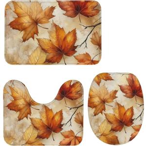Autumn Maple Leaves Print 3 Piece Bath Mat Set Non-Slip Bathroom Mats Contour Toilet Cover Rug for Tub Shower Room Decor (One Size)