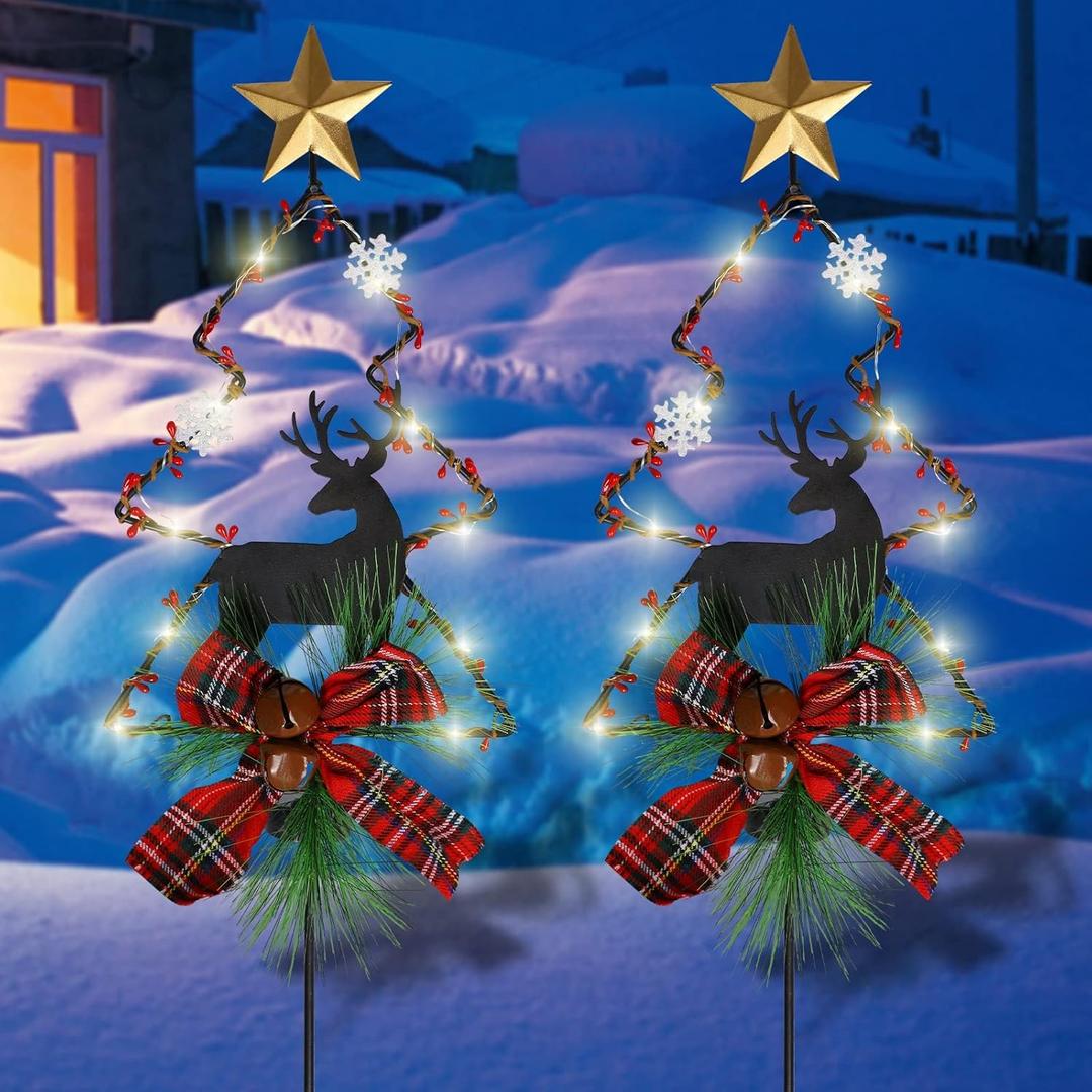 MorTime 2 Pack Solar Lighted Christmas Garden Stake Lights, 33in LED Christmas Tree Yard Stakes for Christmas Outdoor Garden Lawn Pathway Decoration