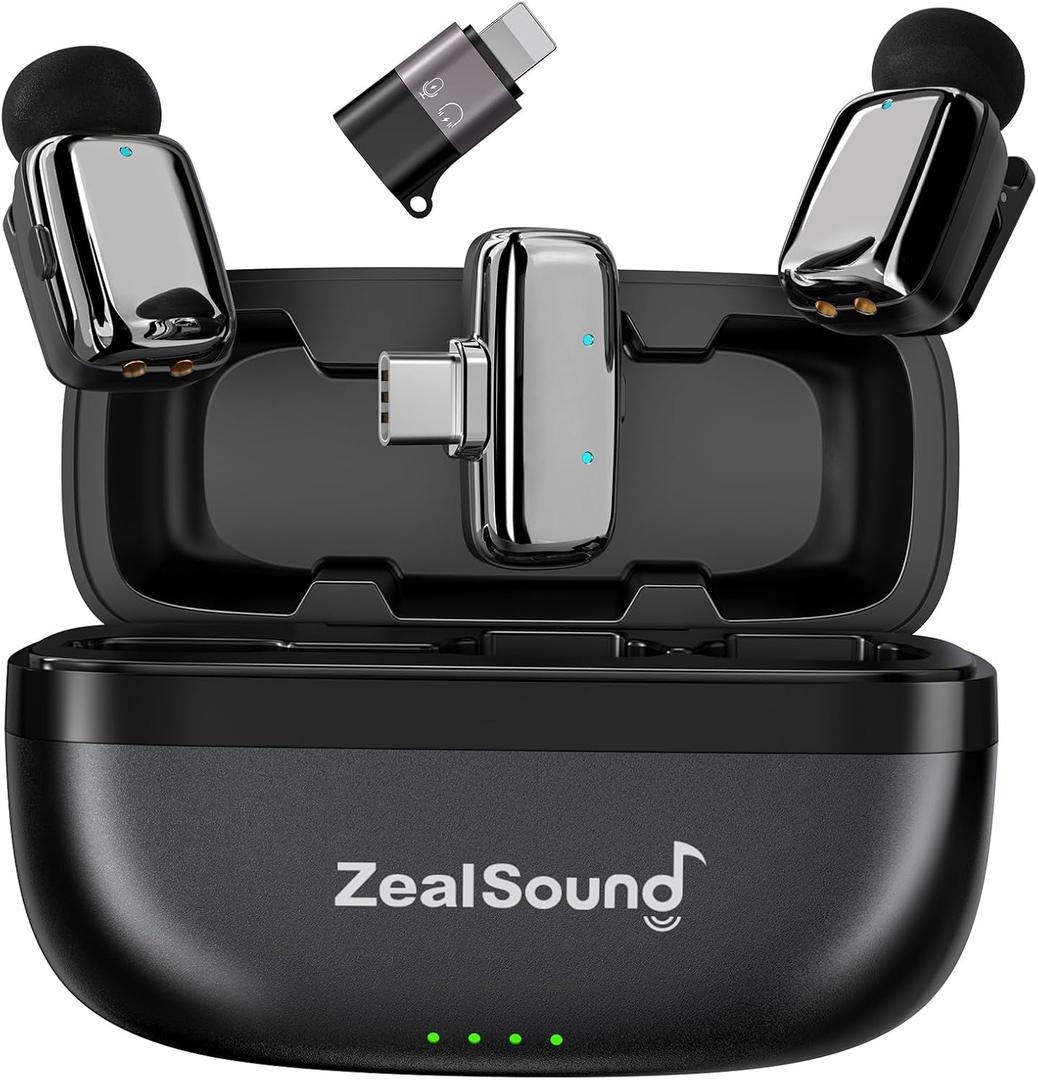ZealSound Mini Wireless Lavalier Microphone for iPhone iPad Android, Dual Channel Wireless Microphones with Noise Cancellation, Mute & Volume Control, 33H Battery Case, USB-C & Lightning Plug & Play