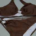 Fanuerg Women's Halter V Neck Bikini Sets Ring Linked Two Piece Swimsuit Cheeky Swim Bathing Suit 2025 (X-Large, Brown)