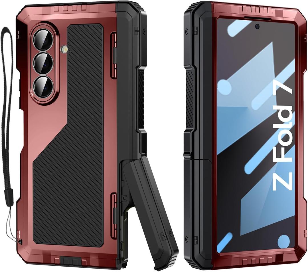 Rugged Armor Case for Samsung Galaxy Z Fold 7 5G, Military Grade Shockproof Protective with Kickstand, Built-in Screen Protector, Metal Bumper & Full Hinge Protection Cover, Red