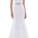 Likedpage Women's Lace Mermaid Wedding Dress, V-Neck Sleeveless Bridal Gown with Beaded Belt (White, M)