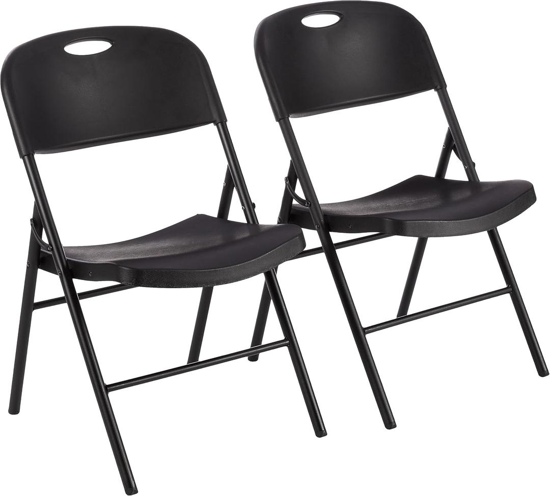 Amazon Basics Foldable Portable Sturdy Folding Plastic Chair, 350-Pound Capacity, Black, 2-Pack