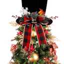 yofit Christmas Tree Topper Hat, Black Velvet Hat with Red Buffalo Plaid Bow Red Berry Snowflake, Christmas Tree Decorations Top Hat, Desktop Ornaments for Home Holiday Winter Decor