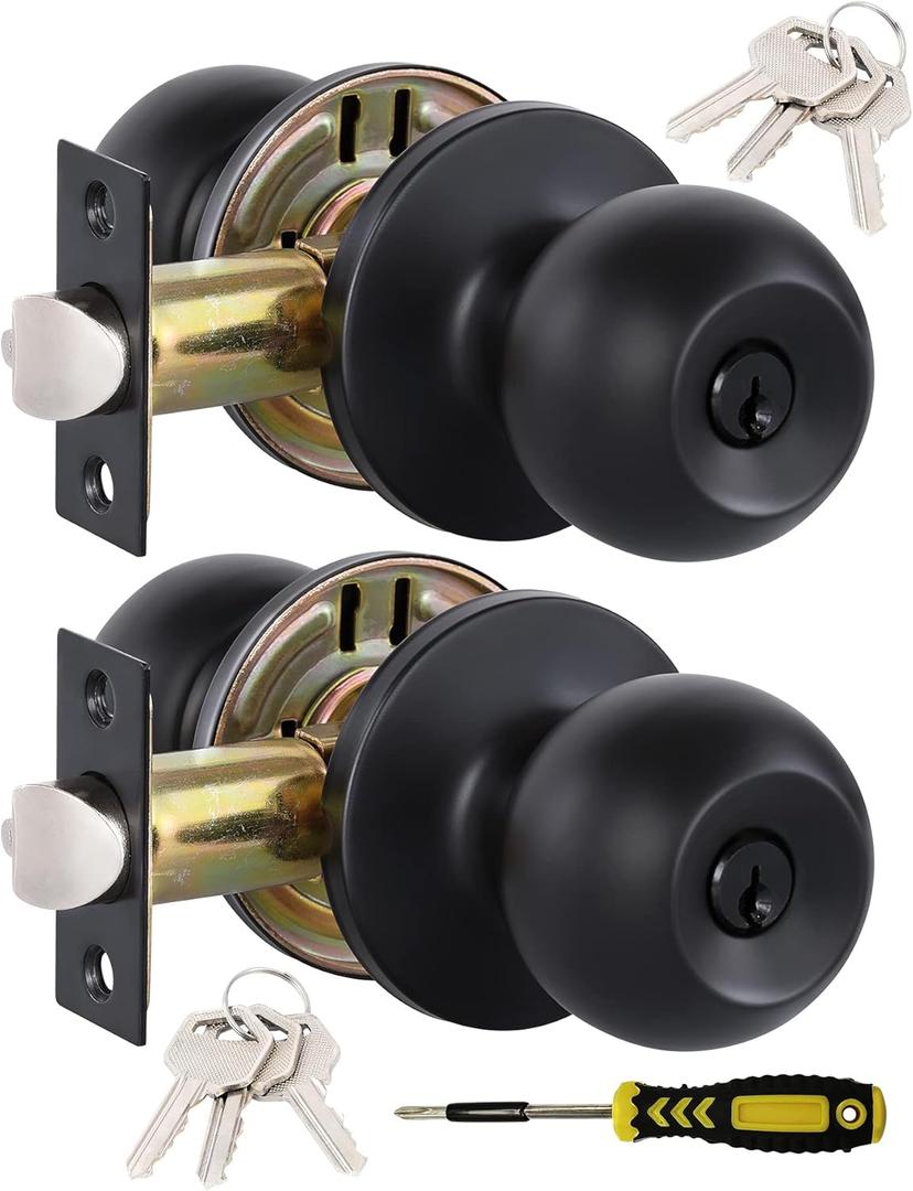 Lanwandeng 2 Pack Entry Door Knobs with Lock and Keys All Alike, Interior/Exterior Door Knob for Bedroom or Bathroom, Entrance Matte Black Door Locks