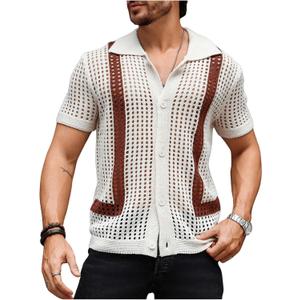 Verdusa Men's Cuban Crochet Shirts Short Sleeve Knit Shirts Casual Button Down Knitted Top Sweater Apricot and Brown Medium