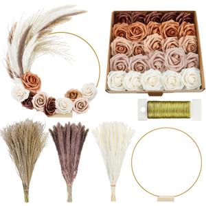 Dingion 6 Sets 93 Pcs Metal Hoop Pampas Table Centerpieces 12 Inch Floral Hoop with Stand Faux Flowers Dried Boho Decor with Paddle Wire for Wedding Baby Shower Birthday Party(Caramel)