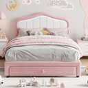 Garvee Versatile Upholstered Twin Platform Bed Frame for Girls, Boys - LED Lights, Storage Drawer, Soft Headboard, Wooden Slats, Noise-Free, No Box Fresh Needed, Princess Style, Pink and White