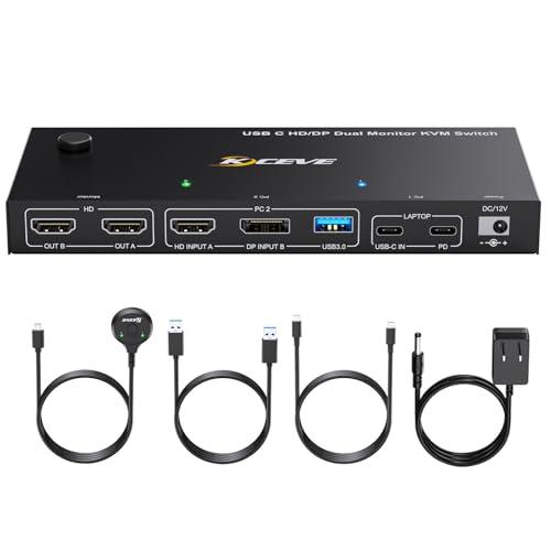 USB C HDMI DP KVM Switch for 1 Desktop+1 Laptop, Dual Monitor KVM Switch 4K@60Hz Support PD with USB C Cable, Wired Controller and Power Adapter