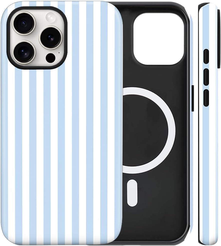 Magnetic for iPhone 15 Pro Case Cute Stripes Phone Case, Shockproof Slim TPU and Hard PC Protective Phone Cover Compatible with MagSafe Designed for Women Girls, Blue and White