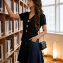 Women's Cardigan Sweater Short Sleeve V Neck Golden Button Down Front Blouse Casual Knitwear Top (Black, L)