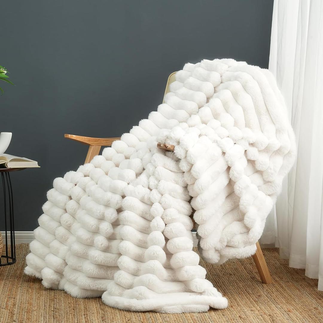Cozy Bliss Faux Fur Throw Blanket for Couch, Cozy Warm Plush Striped Blanket for Sofa Bedroom Living Room, 50 * 60 Inches Cream White