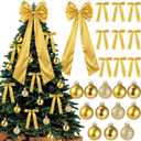 Gejoy Bow Christmas Tree Decoration Set, 30 Pcs Small Bows 1 Pcs 47" x 15.7" Large Tree Topper Satin Bows and 36 Christmas Balls Hanging Ornaments, Xmas Glitter Balls for Holiday Decor(Gold)