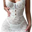Sexy Mini Bows Ruffle Cutout Floral Lace Sheer Babydoll Lingerie Dress with Thong 2 Piece (Medium, White)