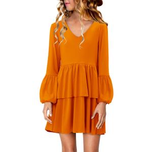 storeofbaby Solid Long Sleeve Dress for Girls Winter Stylish Tiered Midi Dresses Orange 10-11 Years (Orange)