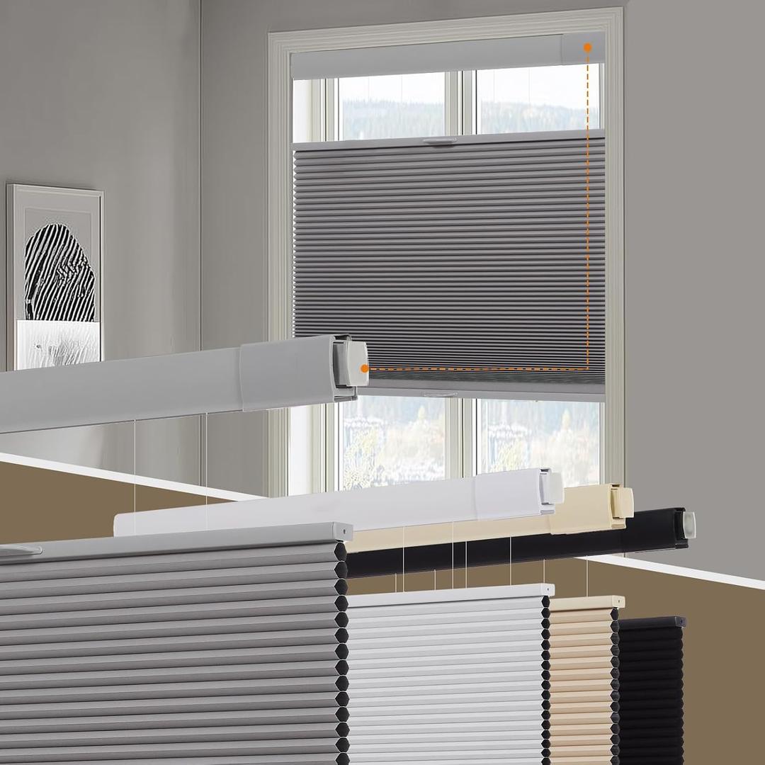Persilux No Tools No Drill Blackout Cellular Shades for Windows Cordless Top Down Bottom Up Honeycomb Blinds,Easy to Install Cellular Blinds for Indoor Windows, Grey, 34.5" W x 64" H