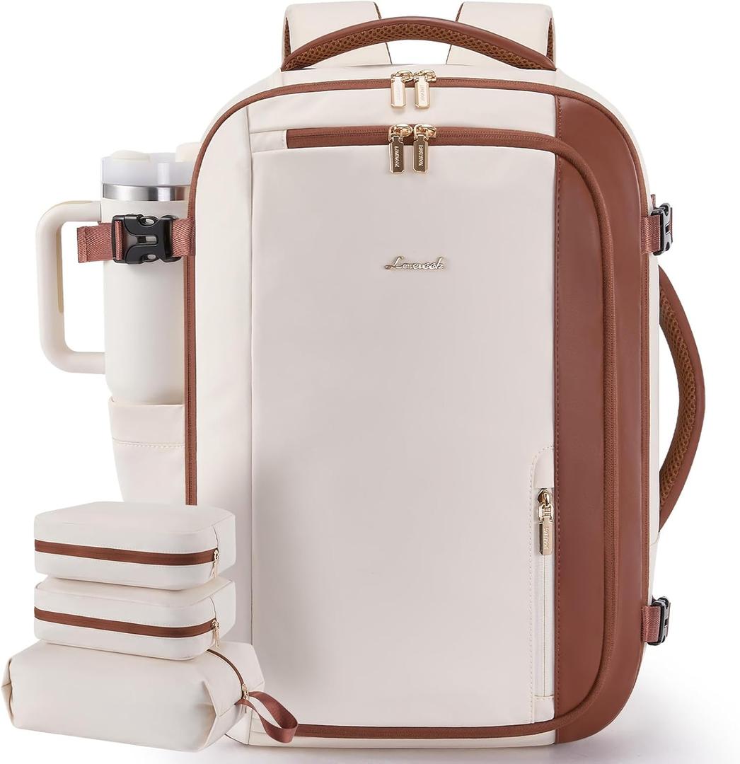 LOVEVOOK 40L Travel Backpack for Women,Carry on Luggage Backpack Flight Approved with 3 Packing Cubes,Waterproof Personal Item Travel Bag fits 17 Inch Laptop,Overnight Weekender Business Daypack (Large-40L-4Pcs, Beige White-Brown)