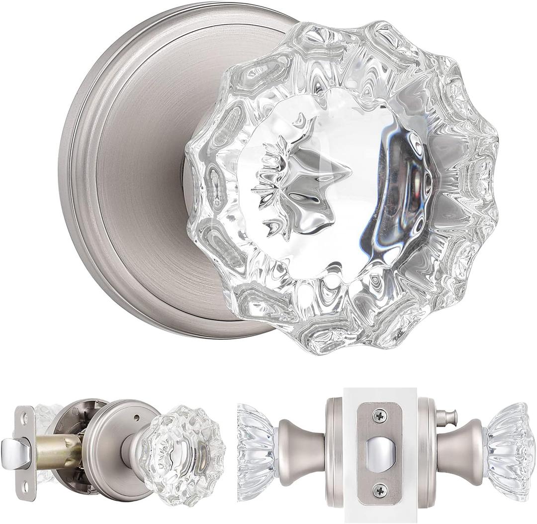 Privacy Glass Door Knobs Interior,Clear Crystal Door Knobs with Lock for Bedroom/BathroomSatin Nickel, 1 Pack