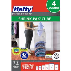 Hefty Shrink-Pak Vacuum Storage Bags For Clothes, Pillows, Towels, Blankets & More Space Saver Vacuum Suction Sealer Bags for Home or Travel 4 Jumbo Cubes, 43.5 x 34 x 18 Inches
