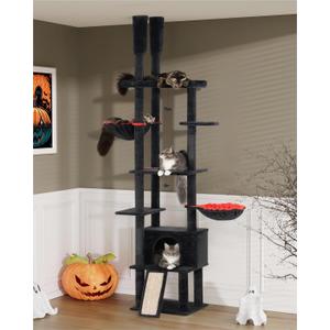 Large Cat Tree Floor to Ceiling for Adult Cats, 86in-108in Heavy Duty Cat Tower, 18.9in Perch Bed Condo for Indoor Cat Pet, Gothic Black