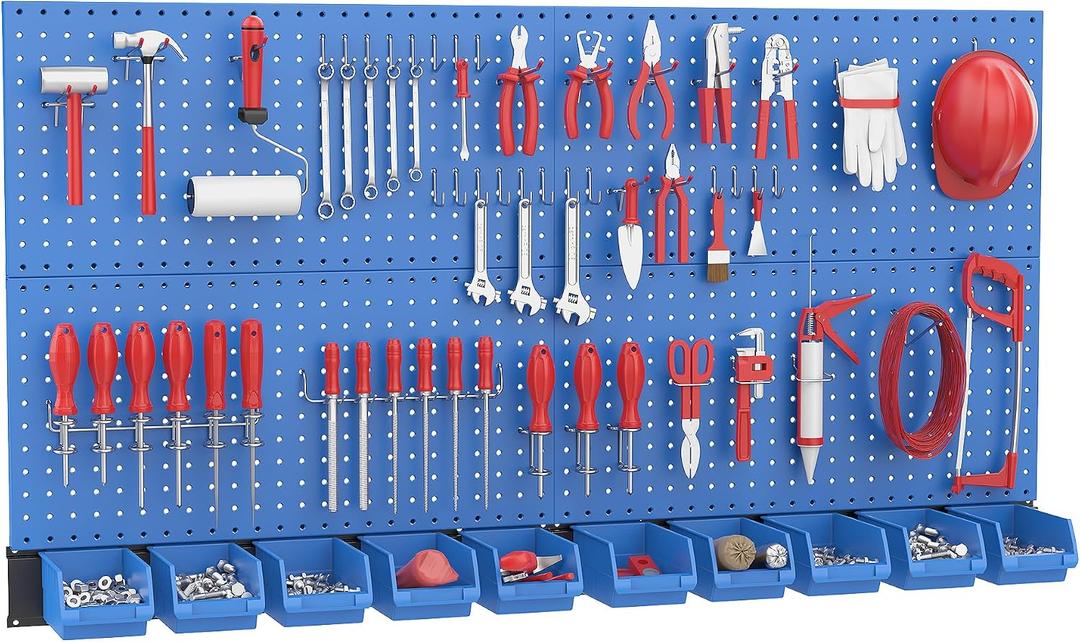 Ultrawall Pegboard Wall Organizer, Blue Metal Peg board Panels, Garage Storage System with Hooks and Storage Bins, 59pcs