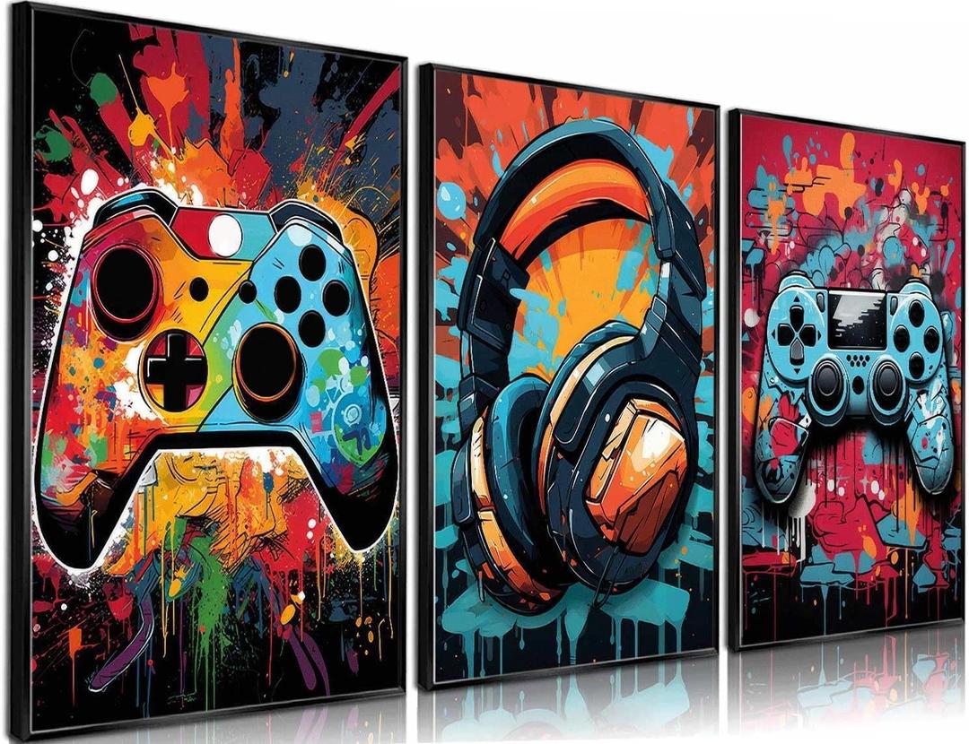 PPV 3Pcs Cool Gaming Wall Art Retro Video Gamer watercolor Posters Pictures Colorful Neon Gamepad Canvas Painting Prints for Boys Room Kids Gamer Room Bedroom for Boys Home Decoration (16"L x 12"Wx3 pcs poster)